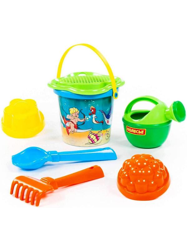 Песочный набор №228 ведро с наклейкой, ситечко-цветок, совок, грабельки, 2 формочки, лейка