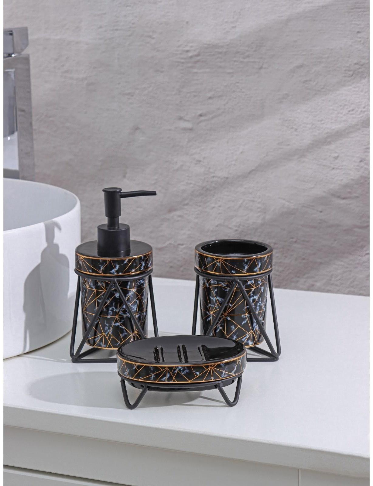 Набор для ванной комнаты Доляна «Геометрика», 3 предмета (мыльница, дозатор для мыла 290 мл, стакан), цвет чёрный