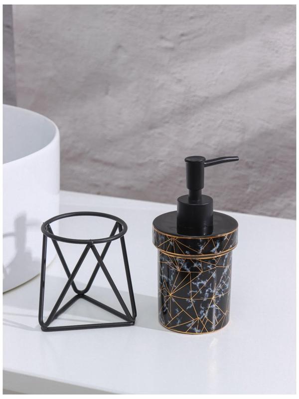 Набор для ванной комнаты Доляна «Геометрика», 3 предмета (мыльница, дозатор для мыла 290 мл, стакан), цвет чёрный