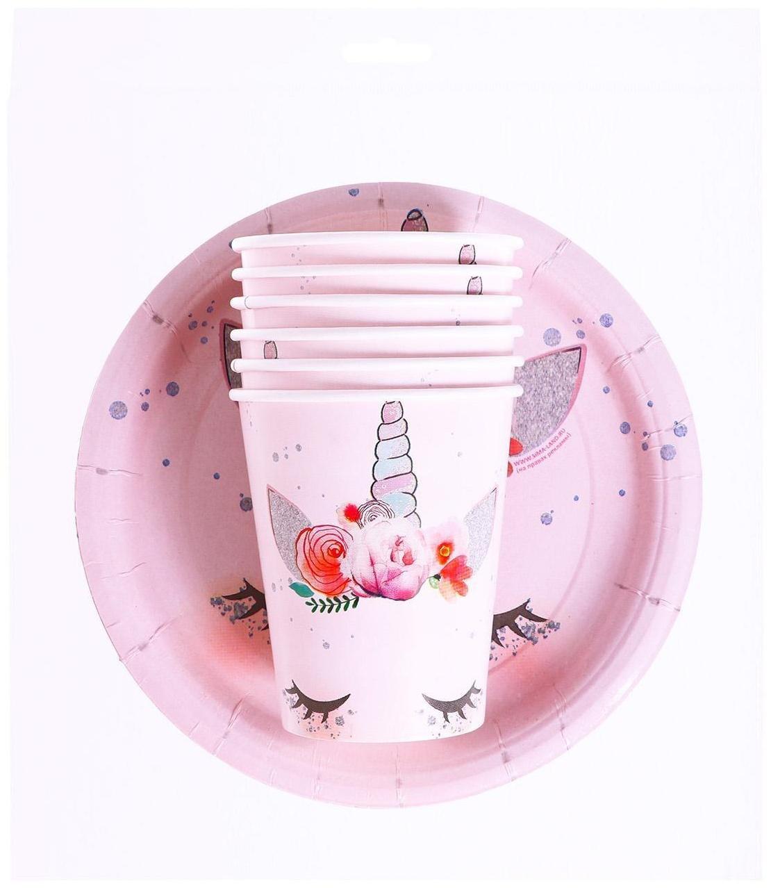 Набор бумажной посуды «Единорог Мордочка», 6 тарелок, 6 стаканов
