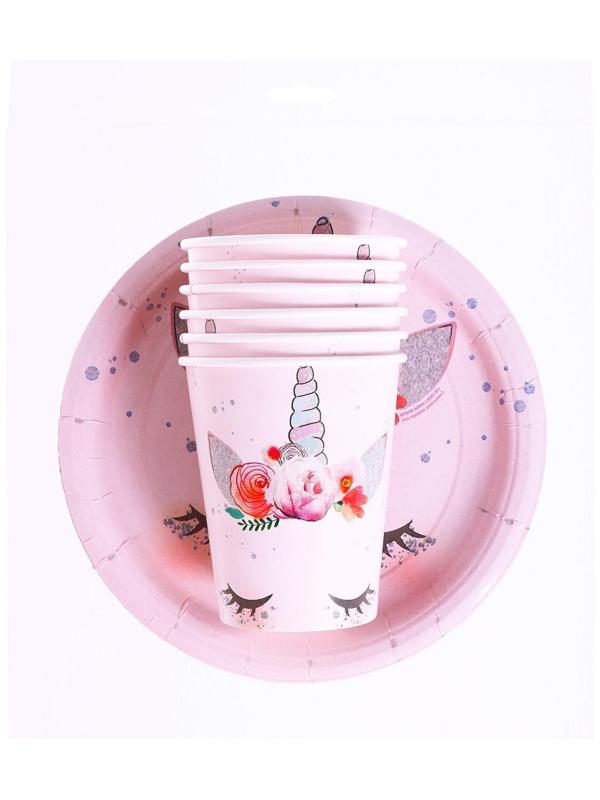 Набор бумажной посуды «Единорог Мордочка», 6 тарелок, 6 стаканов