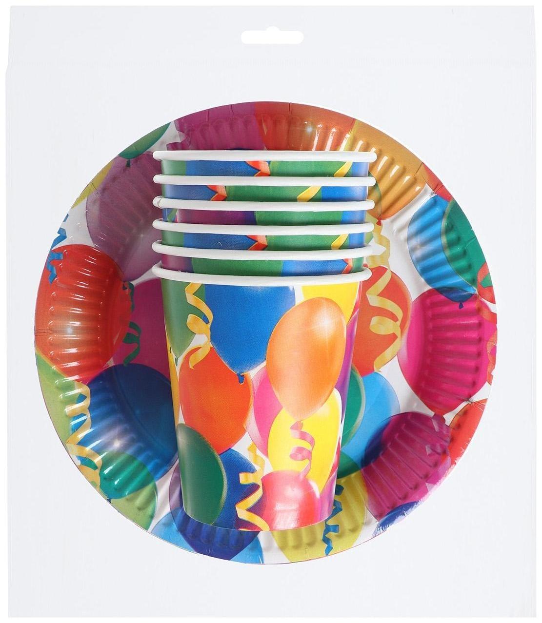 Набор бумажной посуды «Праздник», воздушные шары и серпантин, 6 стаканов, 6 тарелок