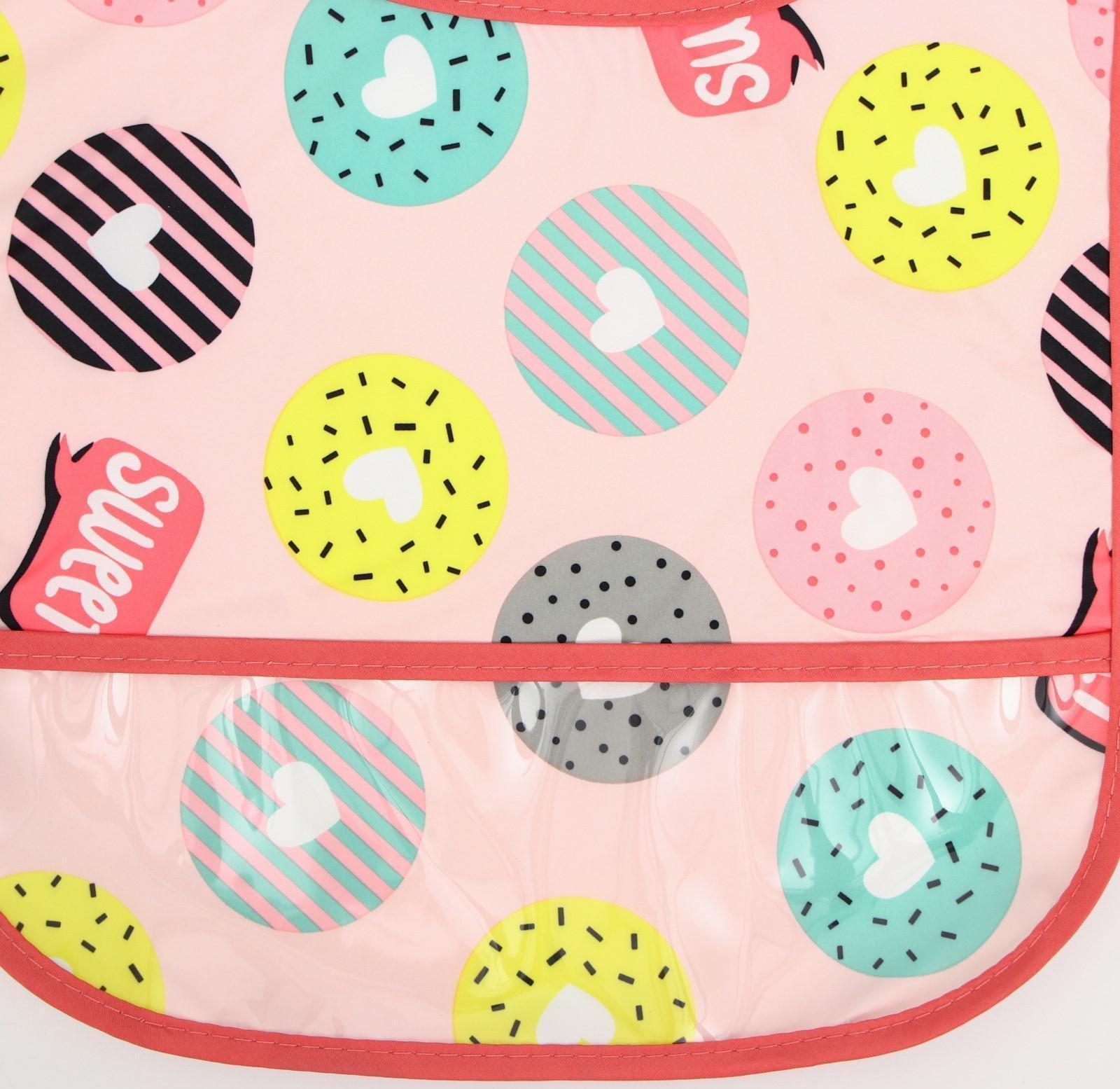 Нагрудник для кормления «Пончики» непромокаемый на липучке, с карманом