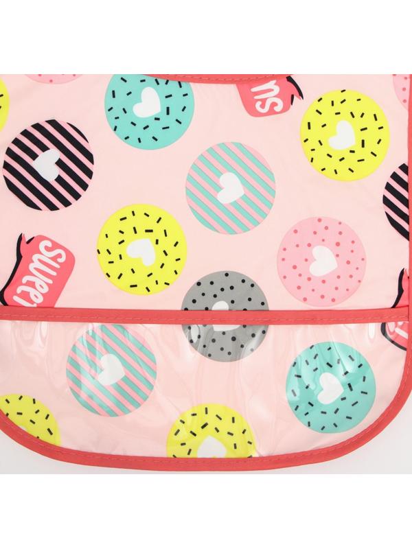 Нагрудник для кормления «Пончики» непромокаемый на липучке, с карманом