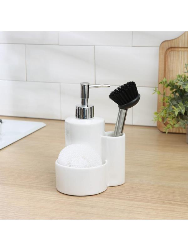 Дозатор для моющего средства Доляна «Милитари», 370 мл, с губкой и щёткой, цвет белый