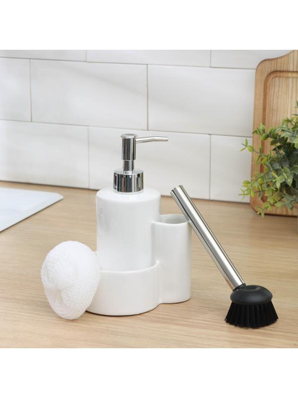 Дозатор для моющего средства Доляна «Милитари», 370 мл, с губкой и щёткой, цвет белый