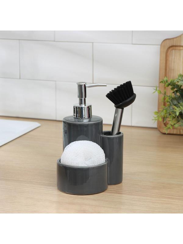 Дозатор для моющего средства Доляна «Милитари», 370 мл, с губкой и щёткой, цвет серый