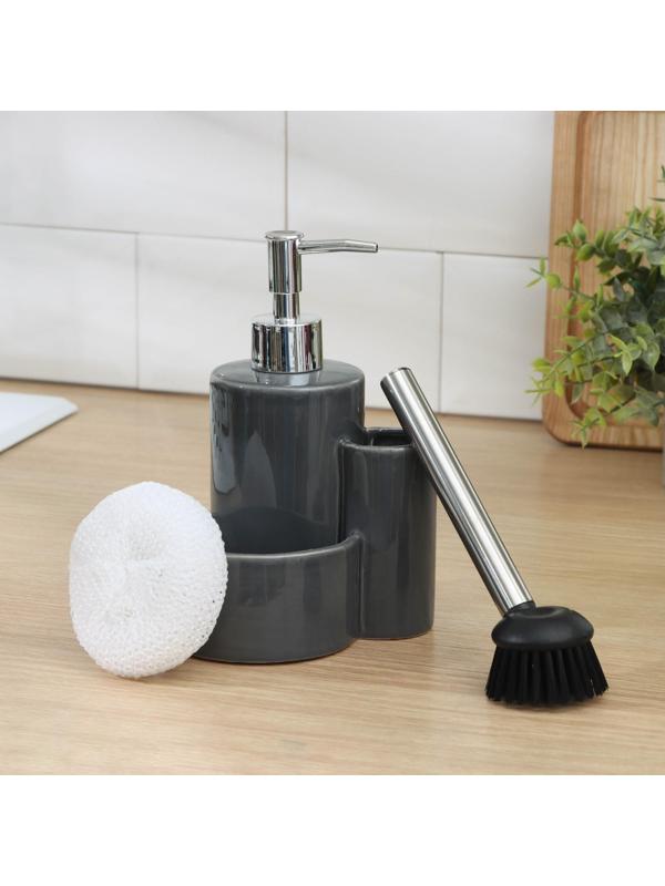 Дозатор для моющего средства Доляна «Милитари», 370 мл, с губкой и щёткой, цвет серый