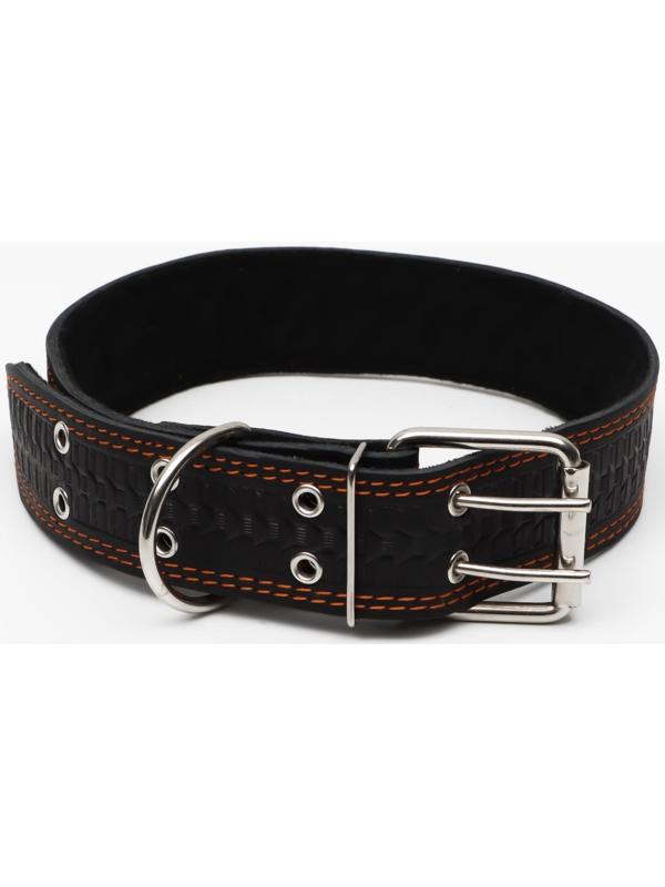 Ошейник кожаный с тиснением на синтепоне, 85 х 4.5 см, ОШ 50-70 см, чёрный