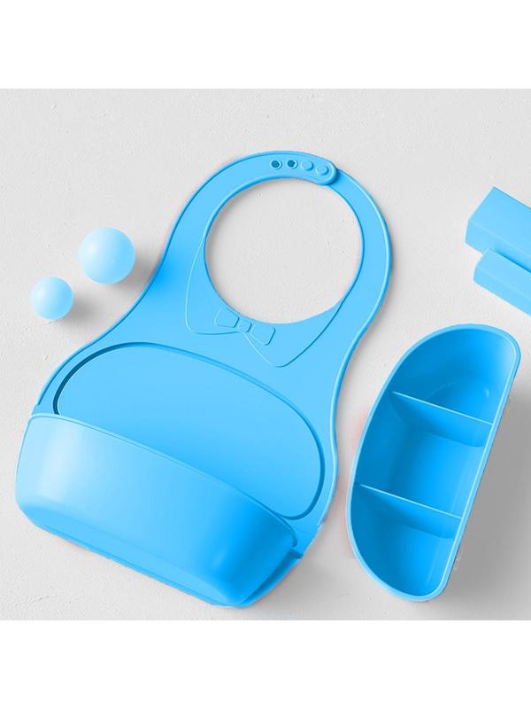 Нагрудник для кормления пластиковый с карманом-контейнером, цвет голубой
