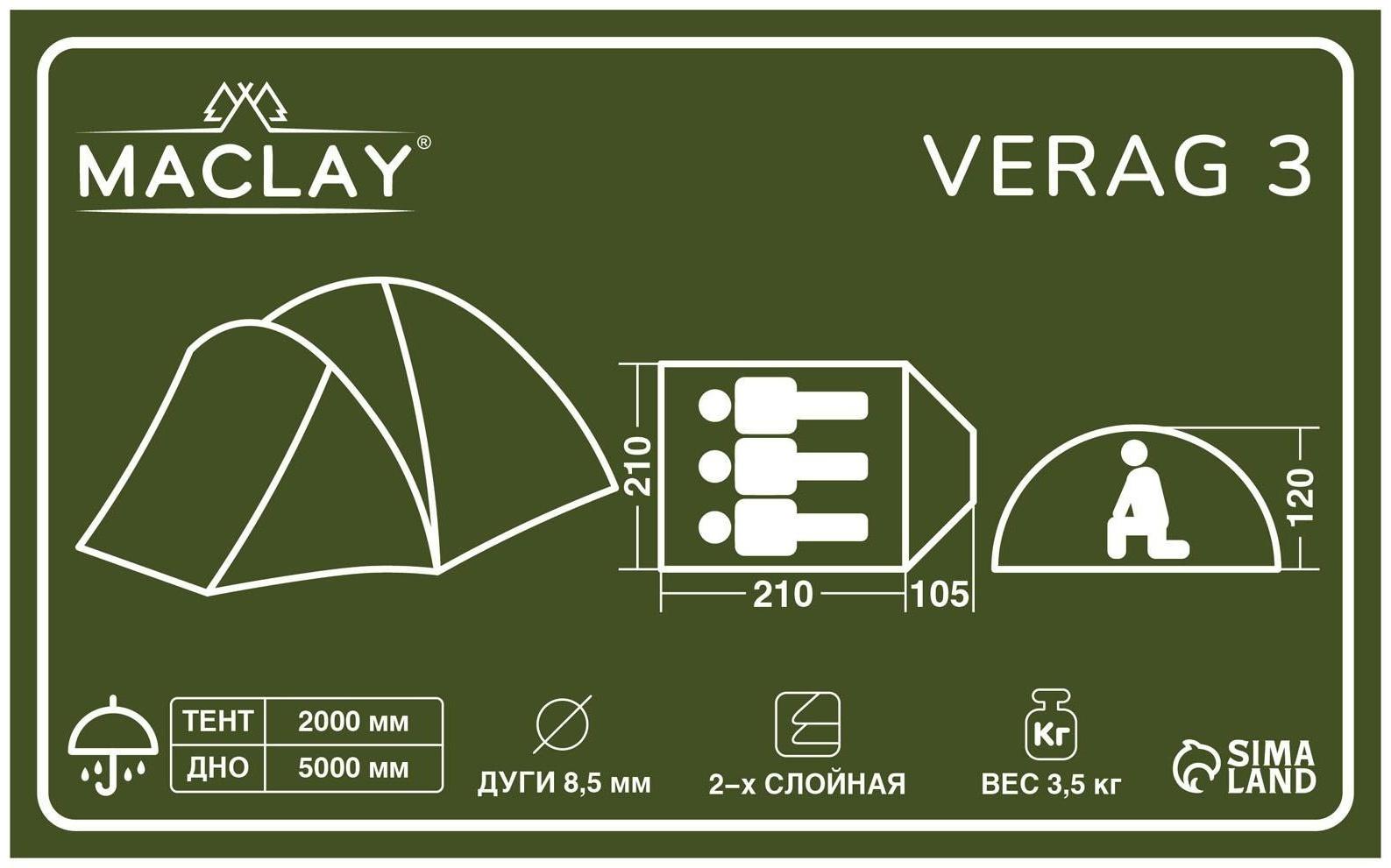 Палатка туристическая VERAG 3, р. 315 х 210 х 120 см, 3-местная, двухслойная