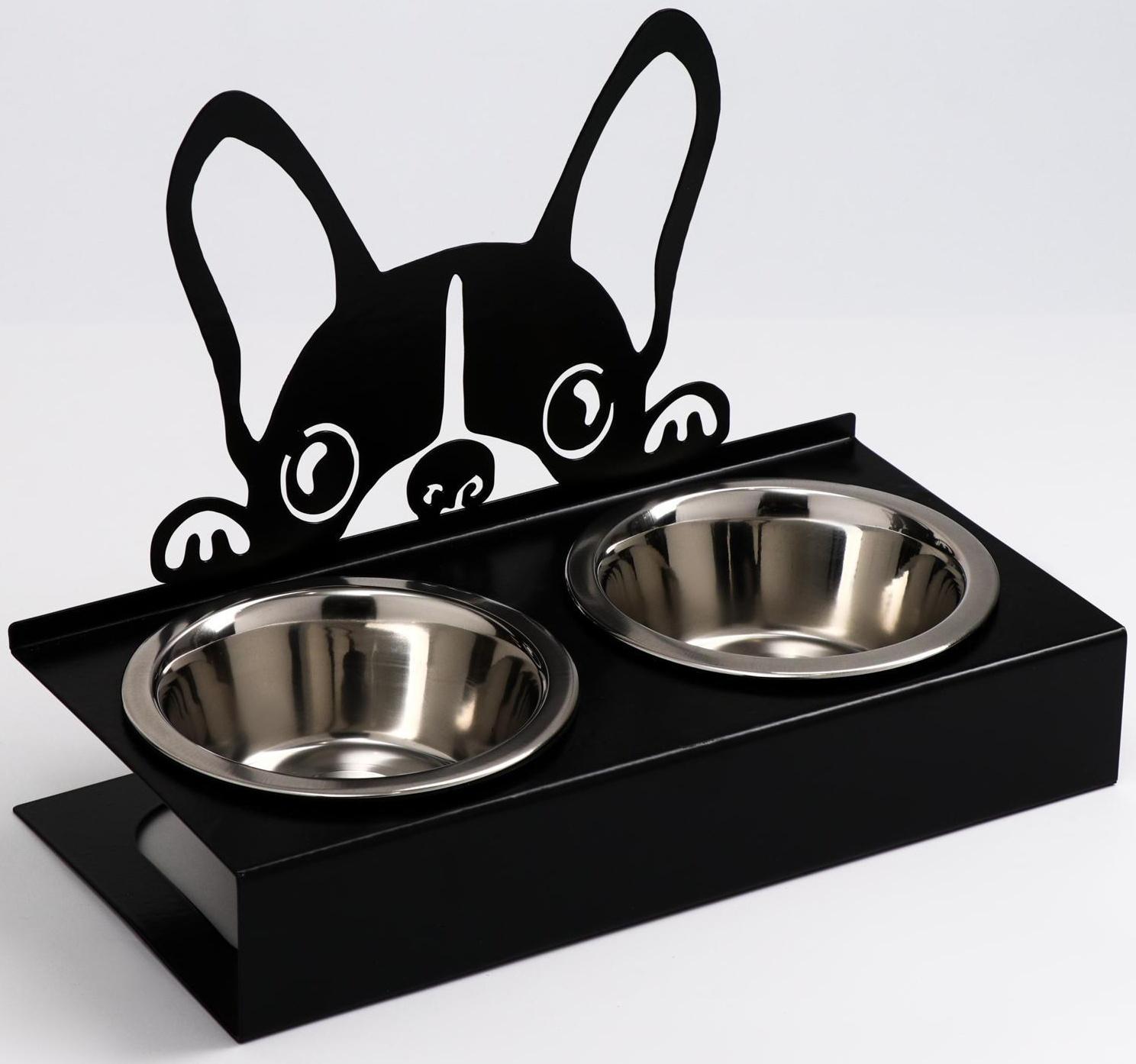 Набор из 2 металлических мисок, на подставке D-14 х 5 см, 2 х 500 мл, чёрный