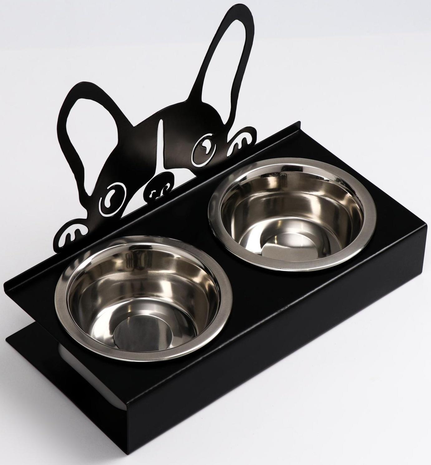 Набор из 2 металлических мисок, на подставке D-14 х 5 см, 2 х 500 мл, чёрный