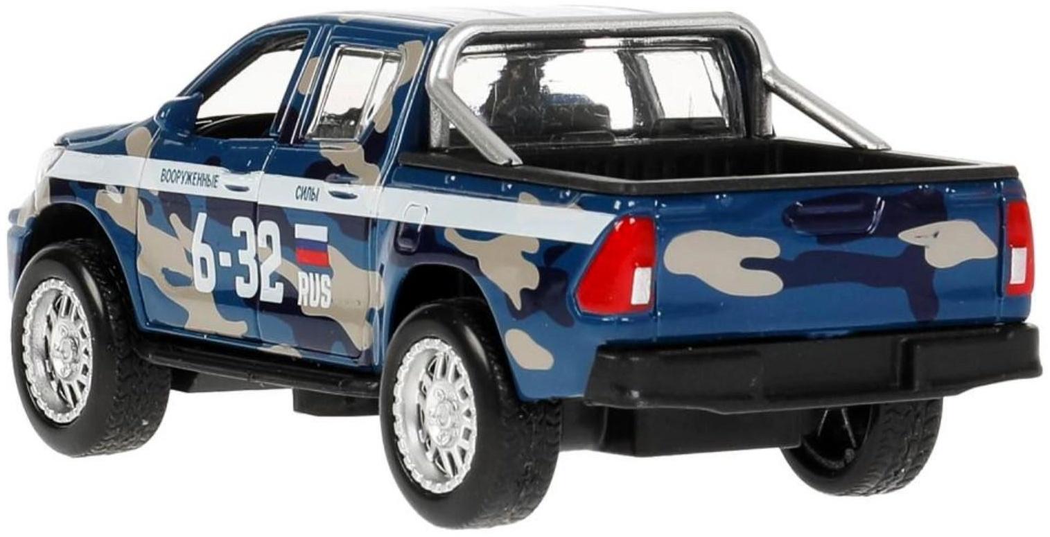 Машина металлическая Toyota Hilux, 12 см, световые и звуковые эффекты, двери, цвет синий камуфляж