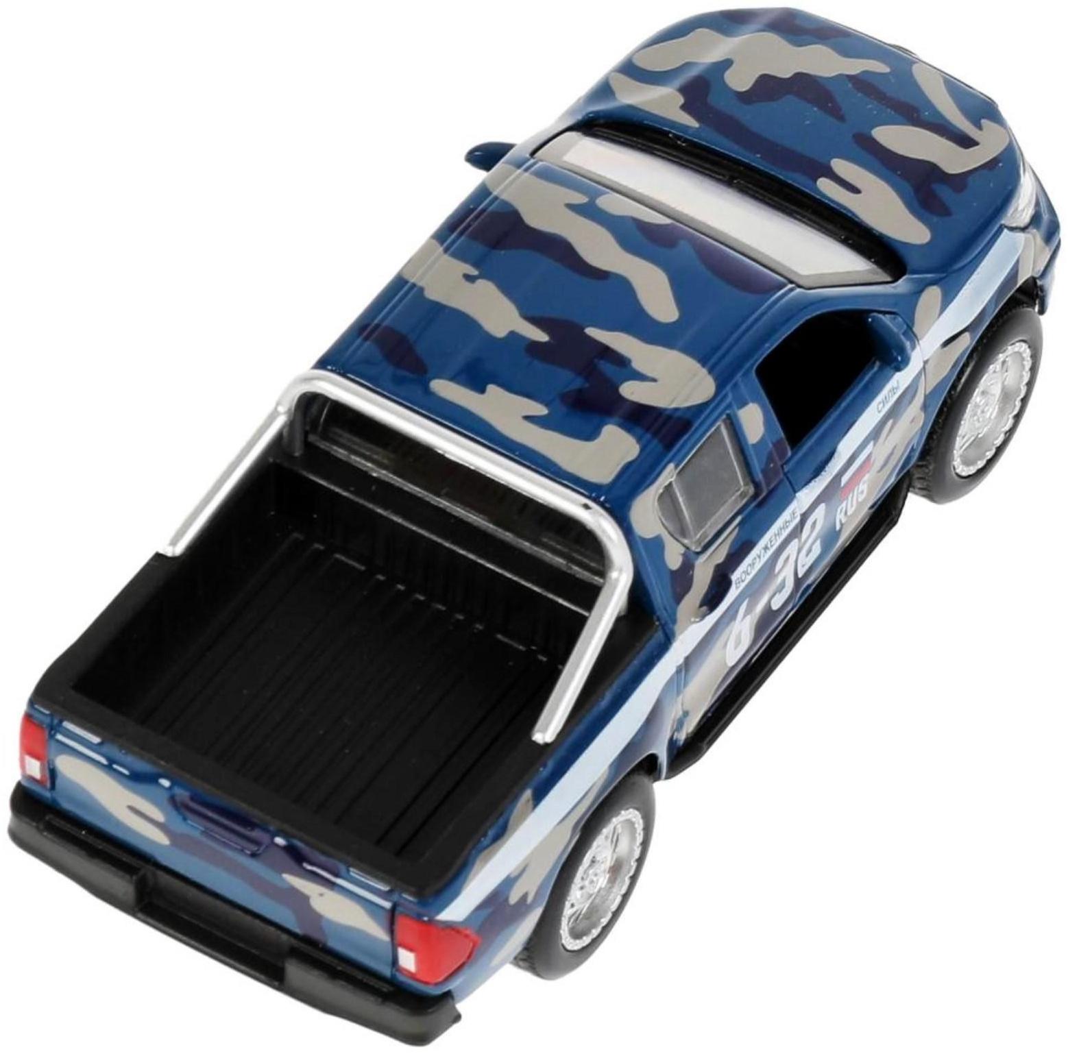 Машина металлическая Toyota Hilux, 12 см, световые и звуковые эффекты, двери, цвет синий камуфляж