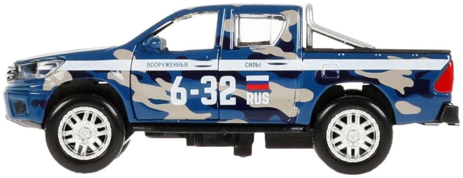 Машина металлическая Toyota Hilux, 12 см, световые и звуковые эффекты, двери, цвет синий камуфляж