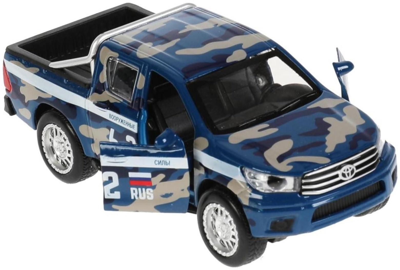 Машина металлическая Toyota Hilux, 12 см, световые и звуковые эффекты, двери, цвет синий камуфляж