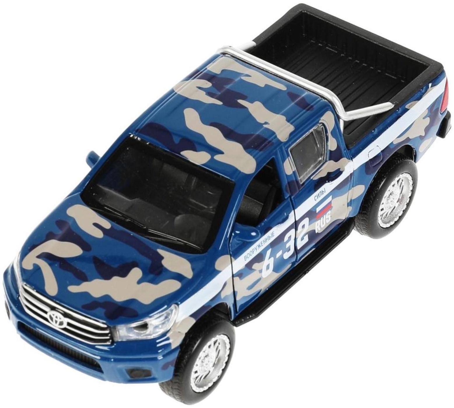 Машина металлическая Toyota Hilux, 12 см, световые и звуковые эффекты, двери, цвет синий камуфляж