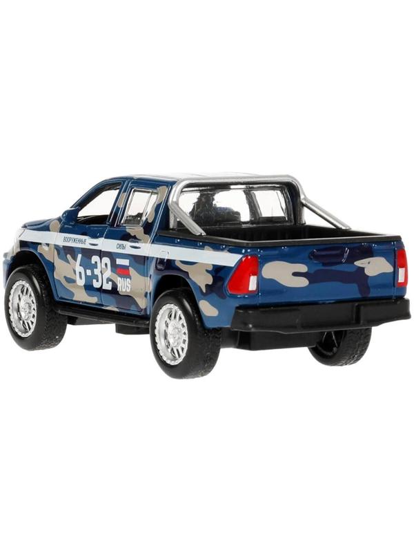 Машина металлическая Toyota Hilux, 12 см, световые и звуковые эффекты, двери, цвет синий камуфляж