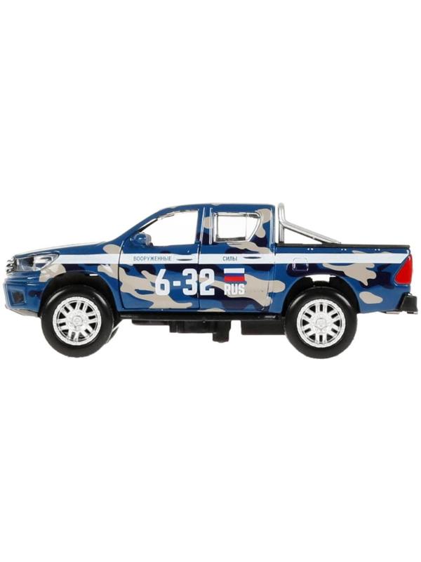 Машина металлическая Toyota Hilux, 12 см, световые и звуковые эффекты, двери, цвет синий камуфляж