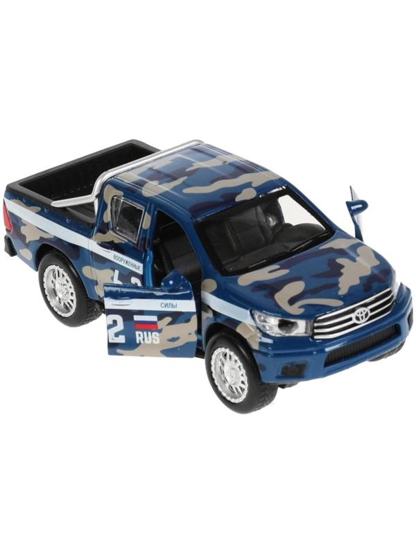 Машина металлическая Toyota Hilux, 12 см, световые и звуковые эффекты, двери, цвет синий камуфляж