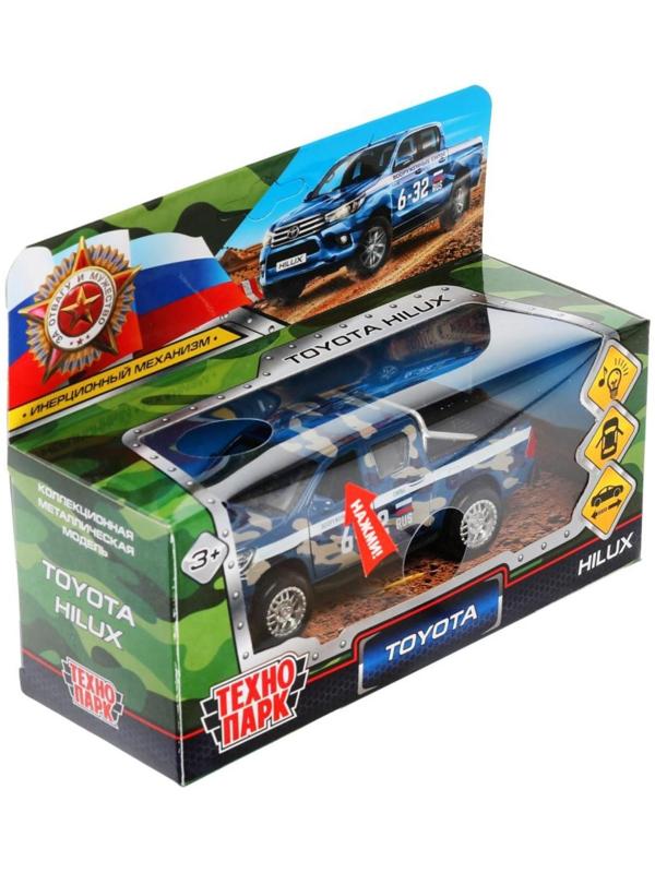 Машина металлическая Toyota Hilux, 12 см, световые и звуковые эффекты, двери, цвет синий камуфляж