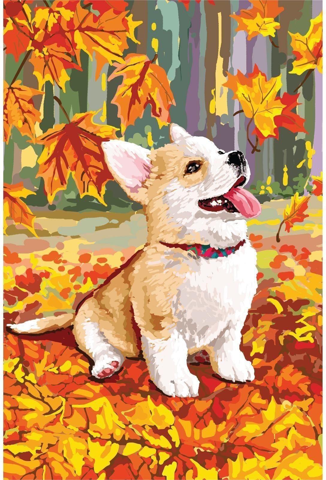 Алмазная вышивка с полным заполнением «Щенок и осень» 15х21 см, на холсте