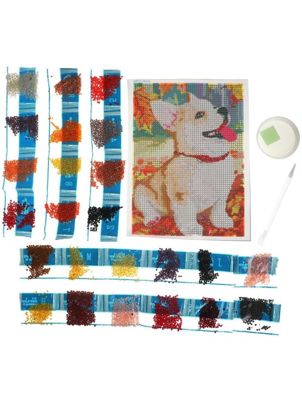 Алмазная вышивка с полным заполнением «Щенок и осень» 15х21 см, на холсте