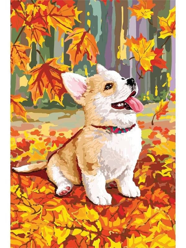 Алмазная вышивка с полным заполнением «Щенок и осень» 15х21 см, на холсте