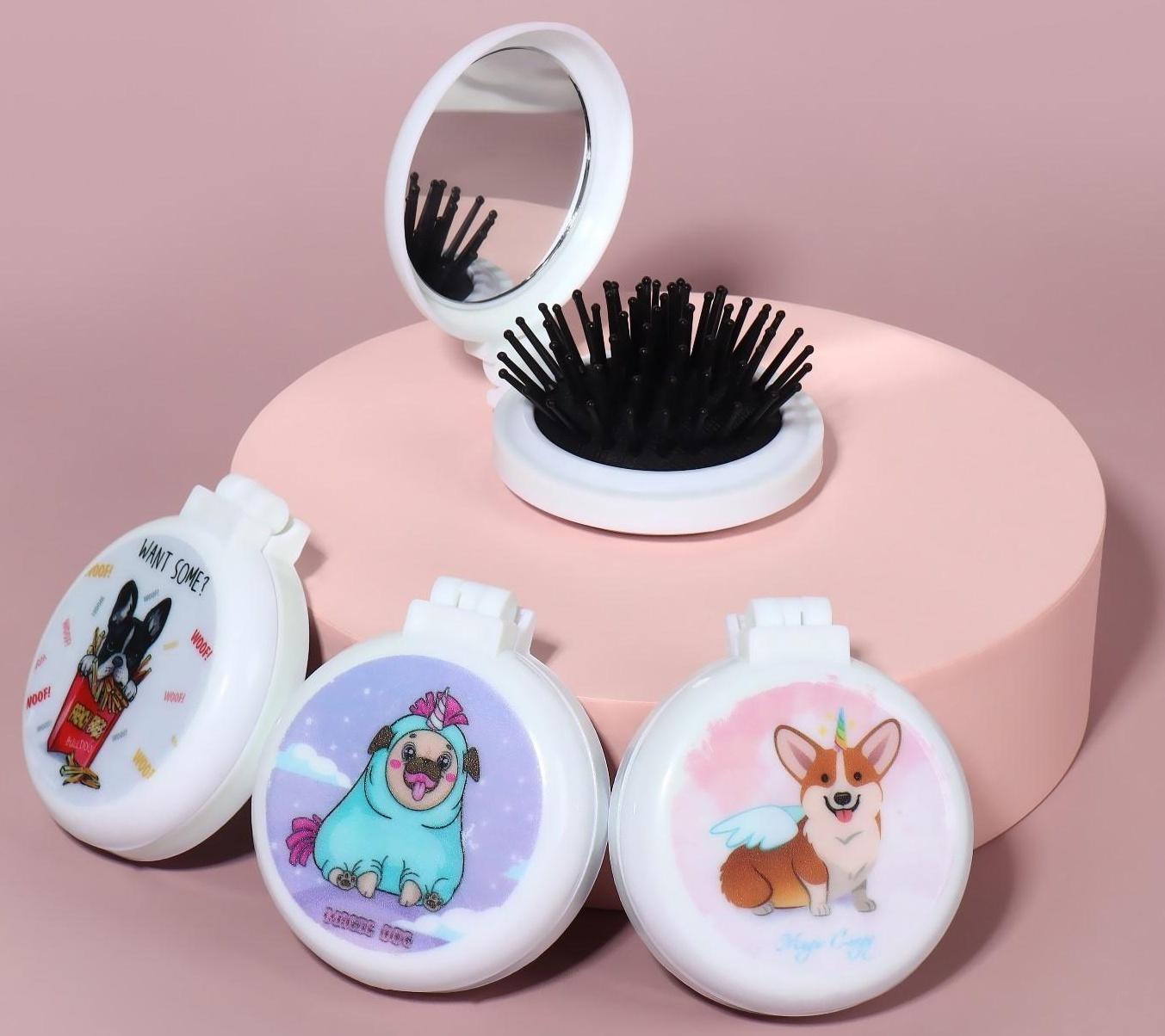 Расчёска массажная, складная, с зеркалом, d = 6,5 см, рисунок МИКС