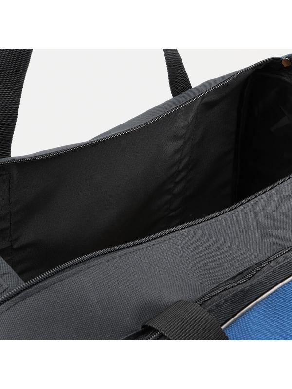 Сумка спортивная на молнии, 3 наружных кармана, длинный ремень, цвет чёрный/синий