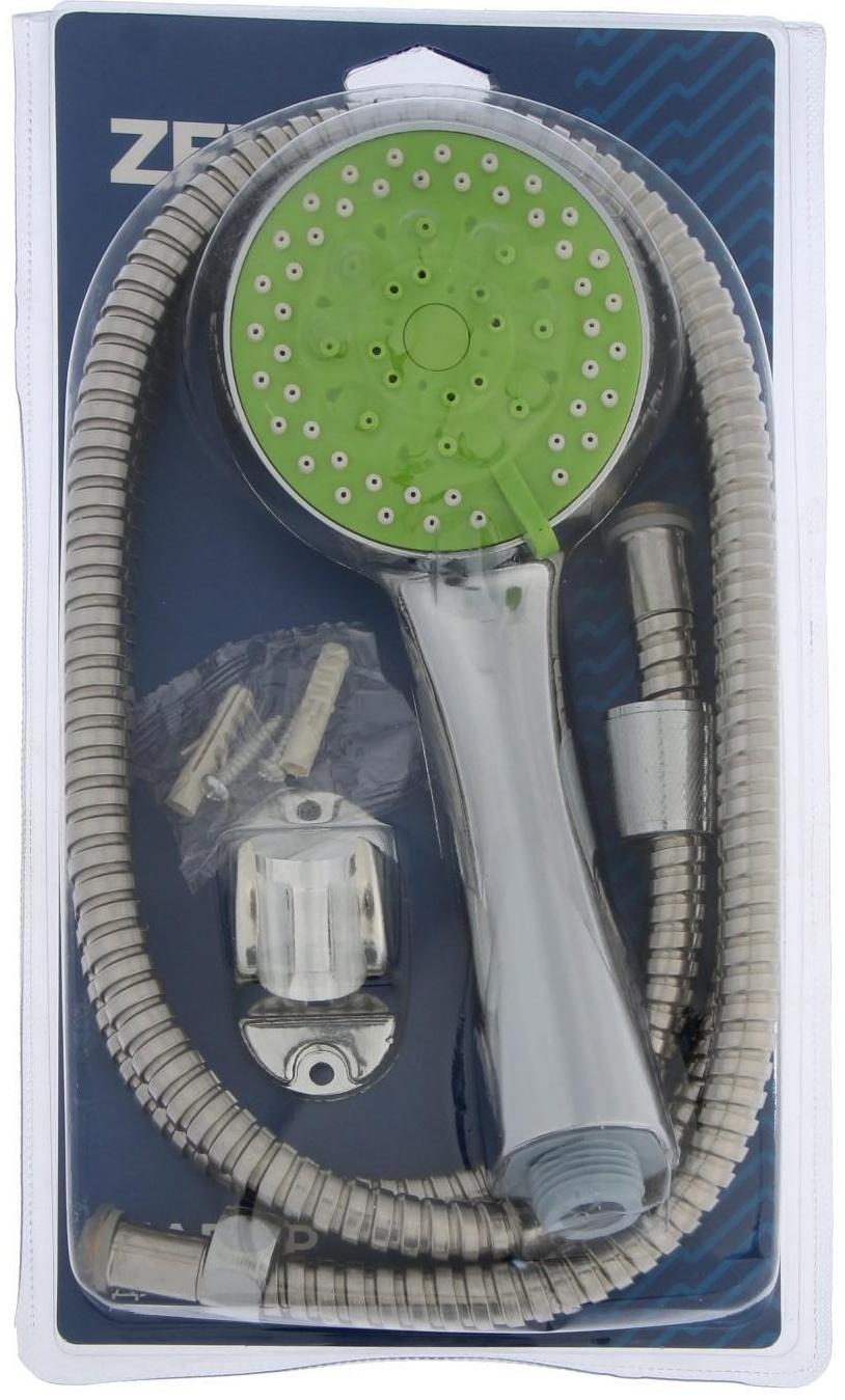Набор для душа ZEIN Z0605, шланг 150 см, держатель, лейка 5 режимов, зеленый/хром