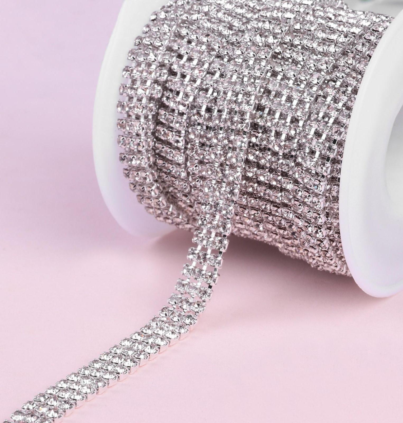 Цепь со стразами, 3 ряда, 6 мм, 4,5 ± 0,2 м, цвет серебряный