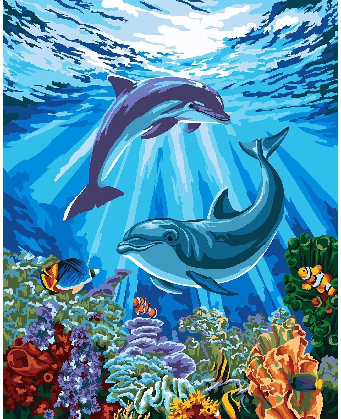 Картина по номерам на холсте с подрамником «Дельфины-друзья» 40х50 см