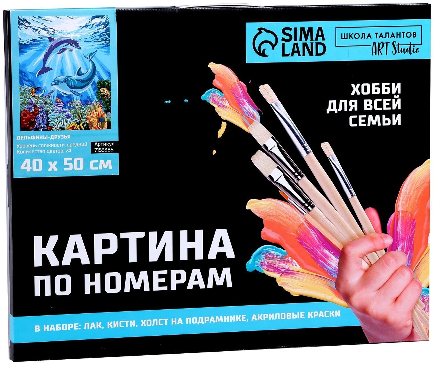 Картина по номерам на холсте с подрамником «Дельфины-друзья» 40х50 см