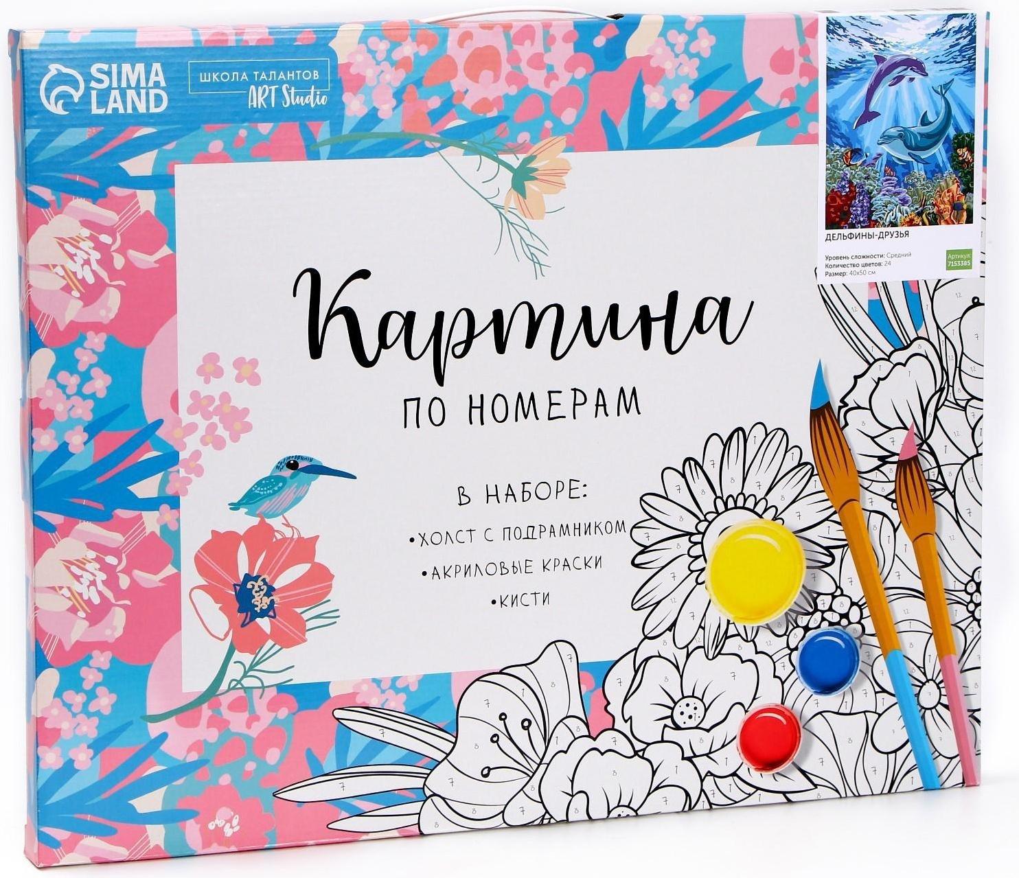 Картина по номерам на холсте с подрамником «Дельфины-друзья» 40х50 см