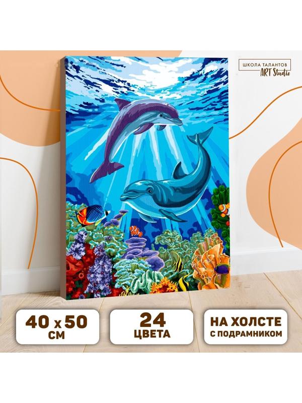 Картина по номерам на холсте с подрамником «Дельфины-друзья» 40х50 см