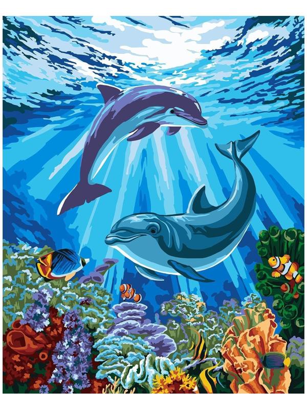 Картина по номерам на холсте с подрамником «Дельфины-друзья» 40х50 см