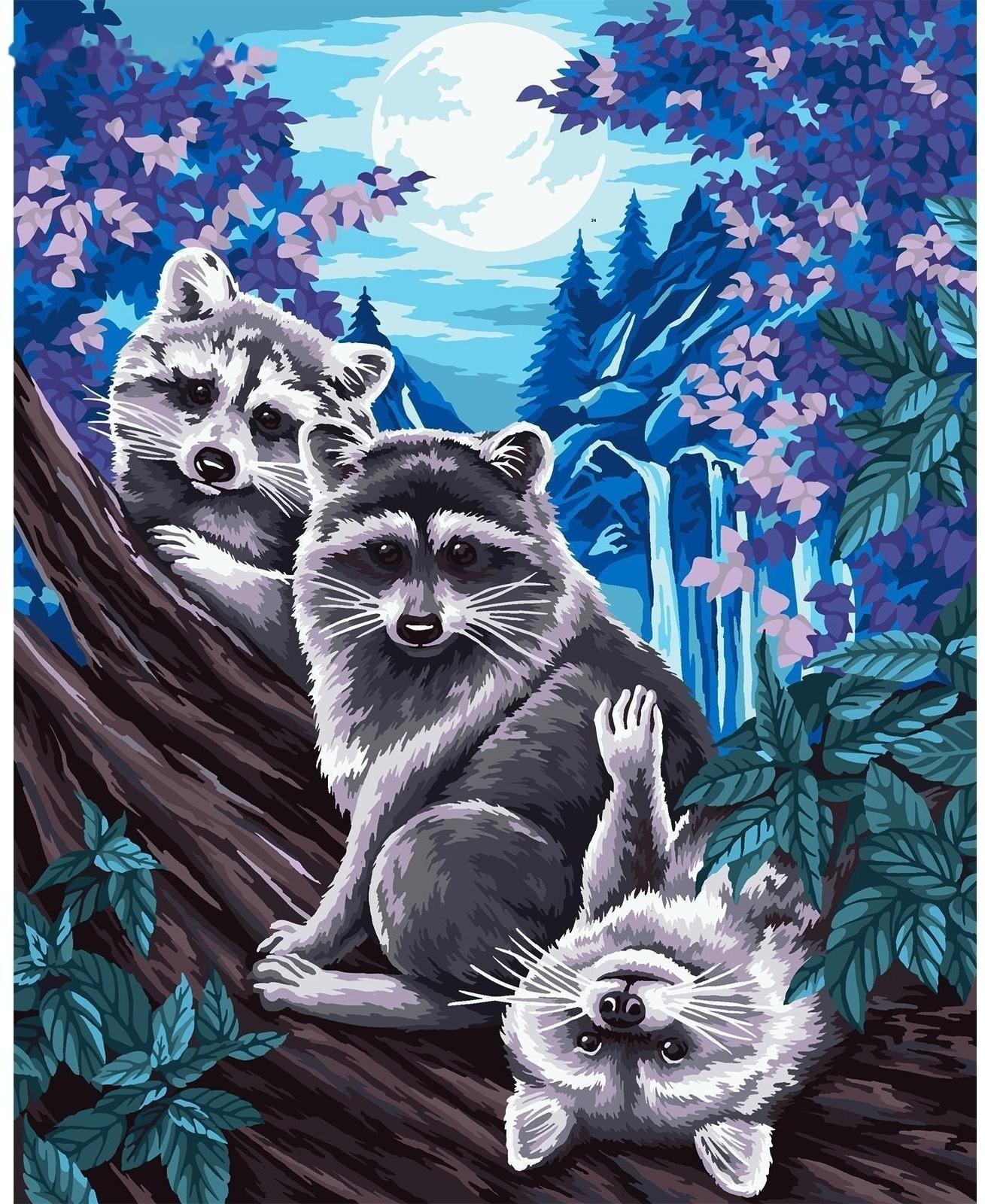 Картина по номерам на холсте с подрамником «Еноты под луной» 40х50 см