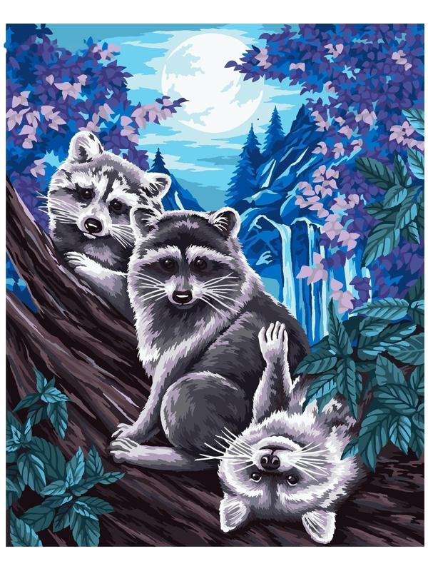 Картина по номерам на холсте с подрамником «Еноты под луной» 40х50 см