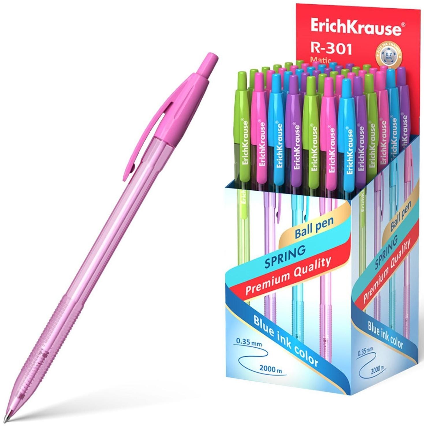Ручка шариковая автоматическая ErichKrause R-301 Spring Matic, узел 0.7 мм, чернила синие, длина линии письма 2000 метров