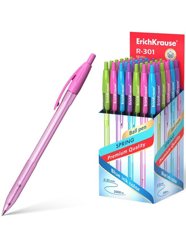 Ручка шариковая автоматическая ErichKrause R-301 Spring Matic, узел 0.7 мм, чернила синие, длина линии письма 2000 метров