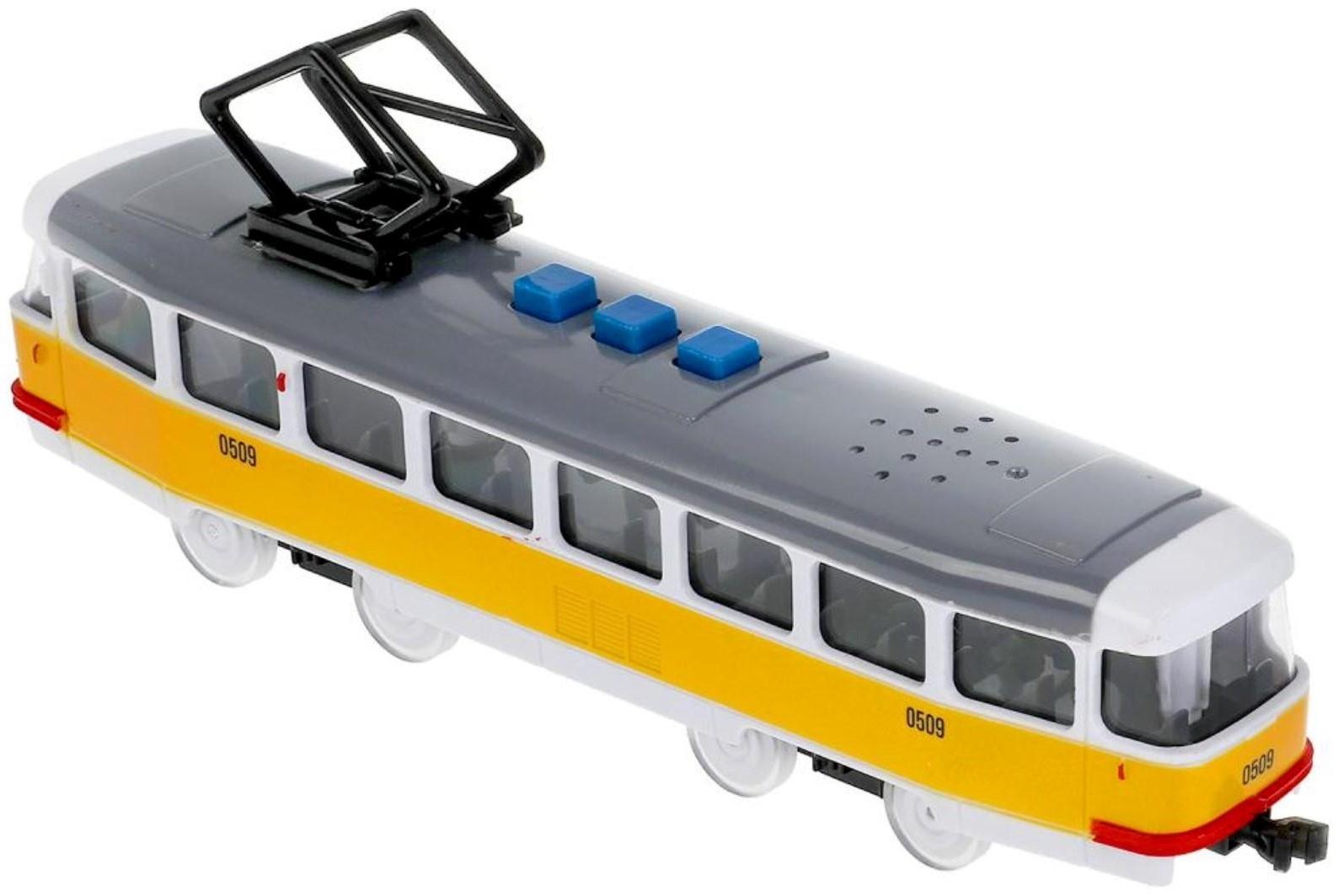 Модель «Трамвай», 21,5 см, 3 кнопки, свет-звук, инерция, цвет жёлтый
