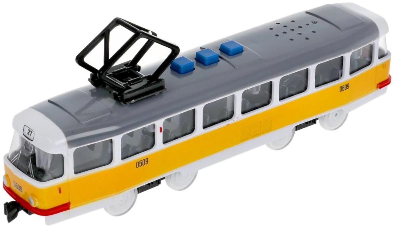 Модель «Трамвай», 21,5 см, 3 кнопки, свет-звук, инерция, цвет жёлтый