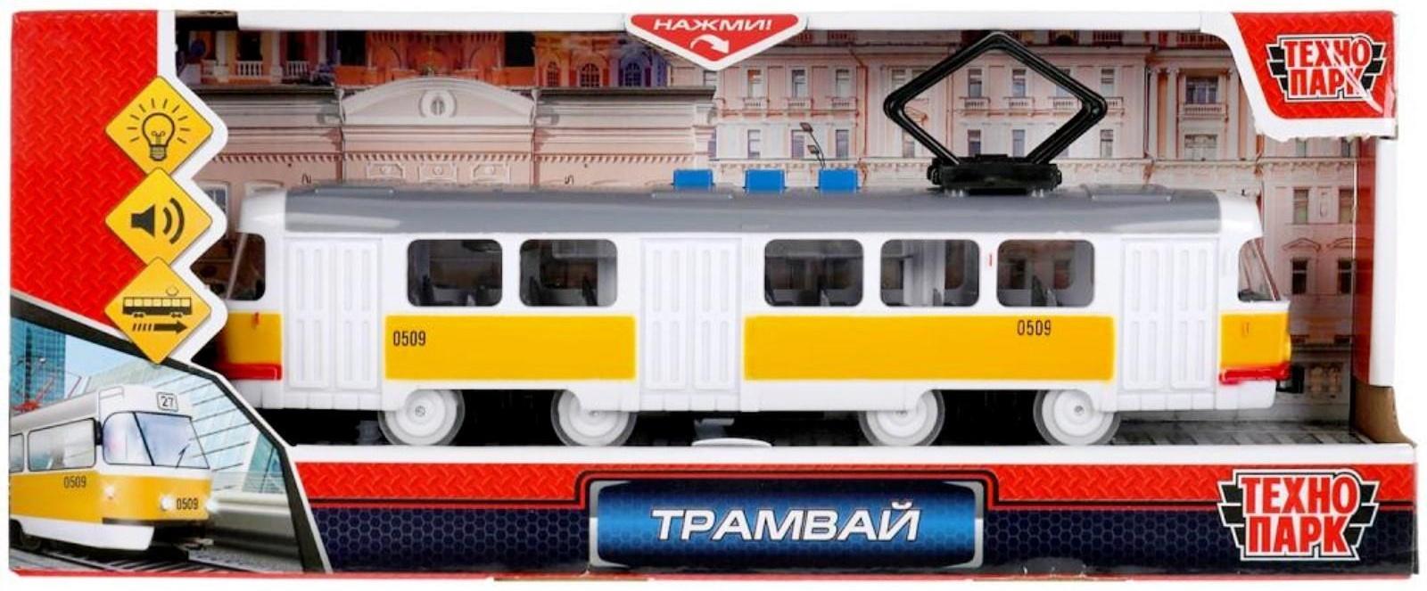 Модель «Трамвай», 21,5 см, 3 кнопки, свет-звук, инерция, цвет жёлтый