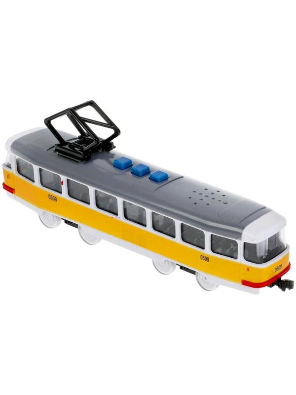 Модель «Трамвай», 21,5 см, 3 кнопки, свет-звук, инерция, цвет жёлтый