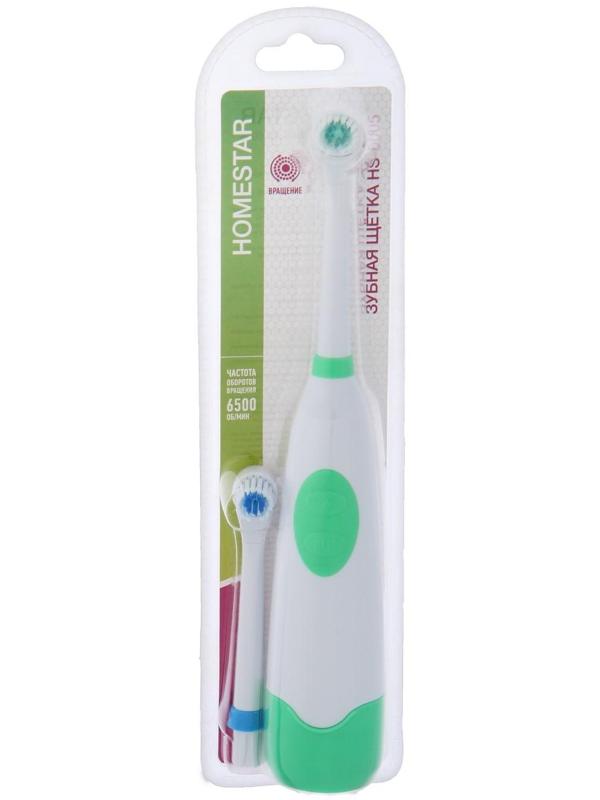 Электрическая зубная щетка HOMESTAR HS-6005, вращательная, 6500 об/мин, 2 насадки, зеленая