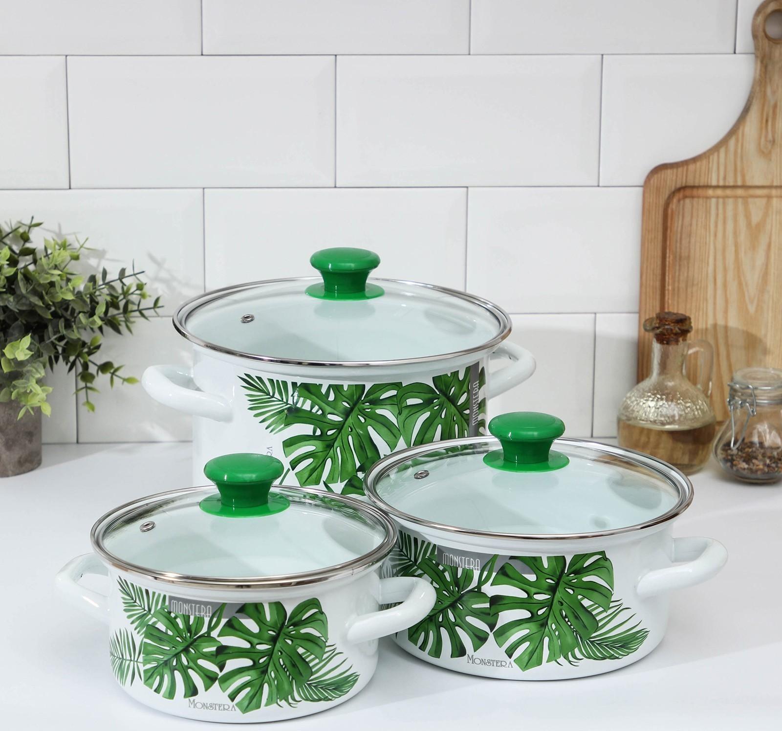 Набор кастрюль «Монстера 5-1- Экстра», 3 предмета: 1,5 л, 2,3 л, 5 л, стеклянные крышки, цвет белый
