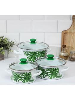 Набор кастрюль «Монстера 5-1- Экстра», 3 предмета: 1,5 л, 2,3 л, 5 л, стеклянные крышки, цвет белый