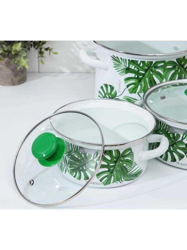Набор кастрюль «Монстера 5-1- Экстра», 3 предмета: 1,5 л, 2,3 л, 5 л, стеклянные крышки, цвет белый